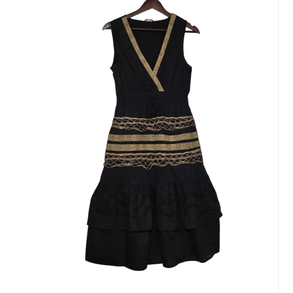 Chaudry Sleeveless Black Dress with Gold Trim NWT Sz LG - Picture 5 of 5
